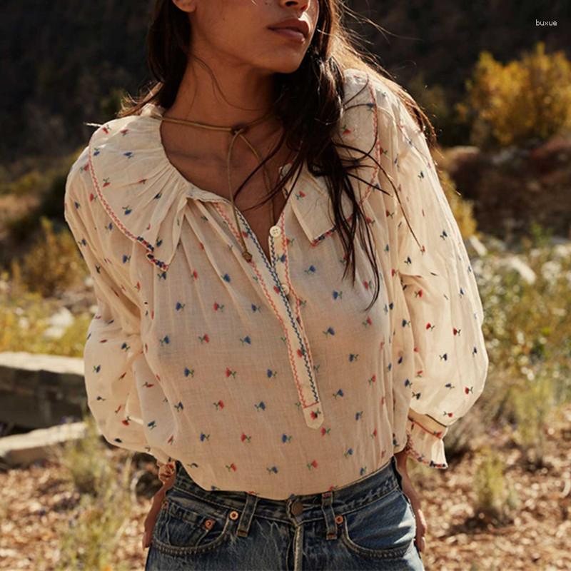 

Women' Blouses Women Ruffles Shirt Long Sleeve Sweet Embroidery Floral 2023 Early Autumn Ladies Fresh Blouse
