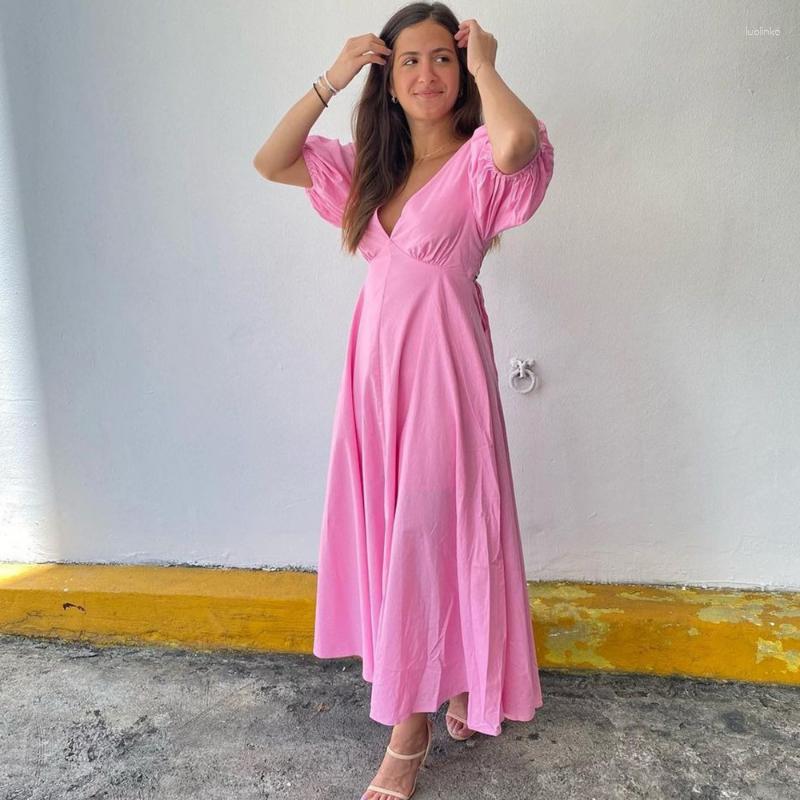 

Casual Dresses Short Puff Sleeve V Neck High Waist Backless Bohemian Vacation Dress Outfits Women Elegant Fashion Corset Loose, Pink