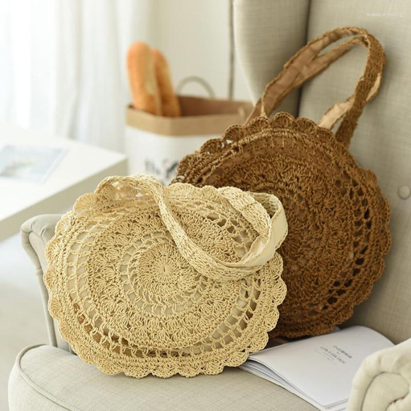 

Evening Bags Summer Handmade Woven Straw Female Hollow Out Handbag Beach Shopping Shoulder Crossbody Large Capacity Round Totes Bag, Beige