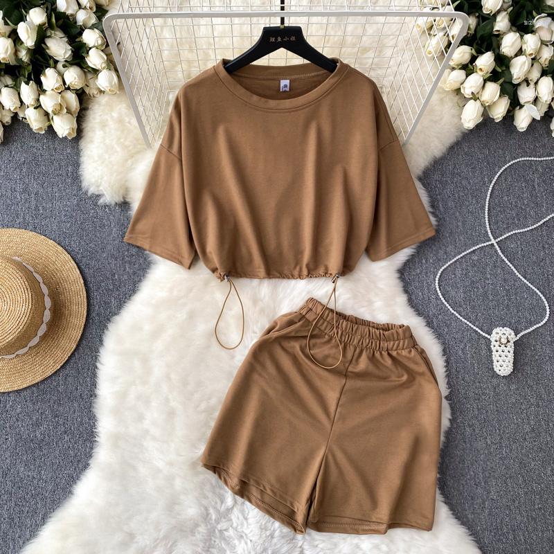 

Women's Tracksuits Solid Color Casual Sports Suit Women's Loose Drawstring Round Neck Short-sleeved T-shirt High Waist Wide-leg Shorts, Dark brown