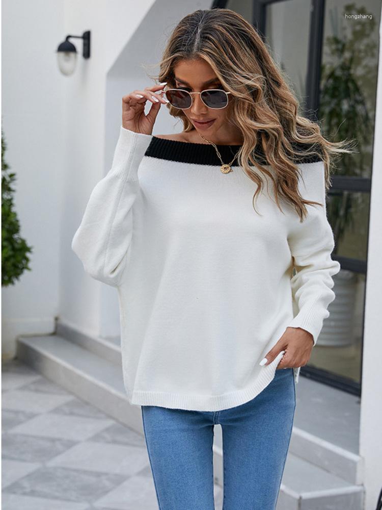 

Women' Sweaters LiTi Shoulder Slant Knitted Sweater Straight Neck Bottom Stitched Women Autumn Winter Pullover, White