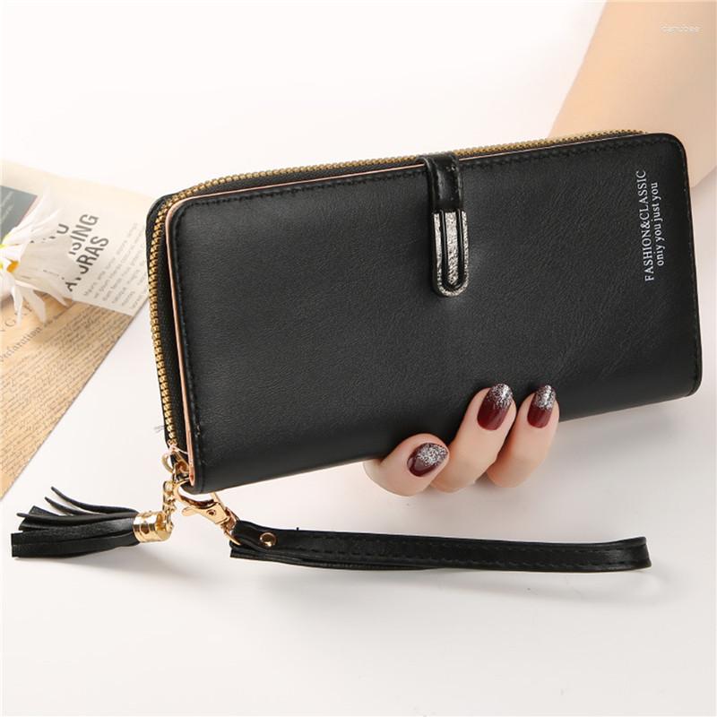 

Wallets Women PU Leather Card Holder Long Hasp Fold-over Pattern Coin Purses Solid Colors Moneybag Zipper Billfold Wallet, Black