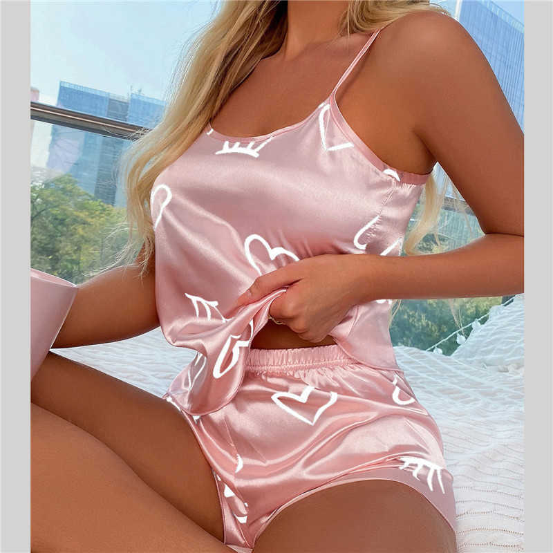 

Women's Sleep Lounge Fashion Sexy Pajama Set Women's 2 Pieces Love Heart Print Sleepwear Pyjamas Silk Satin Cami Top Shorts Pajamas Set for Women, Mini tops