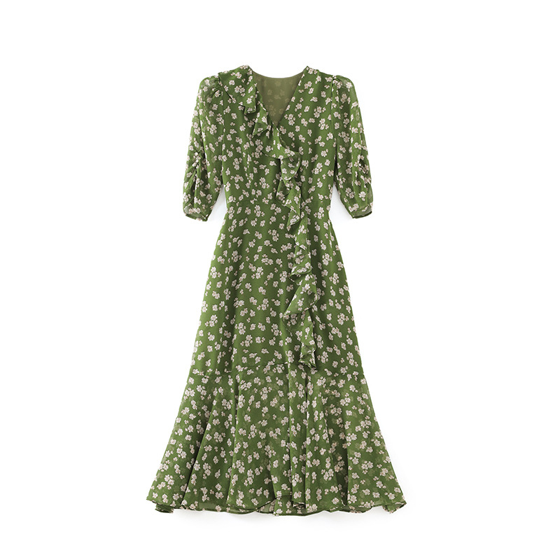 

2023 Summer GreenFloral Print Dress Short Sleeve V-Neck Midi Casual Dresses W3L043510, Green