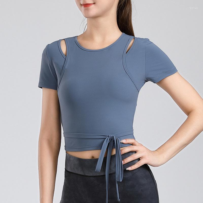 

Active Shirts Summer Women' Yoga Clothes Short-Sleeve Sports T-Shirt Gym Sexy Hollow Out Bandage Design Fitness Quick Dry Crop Top, Black