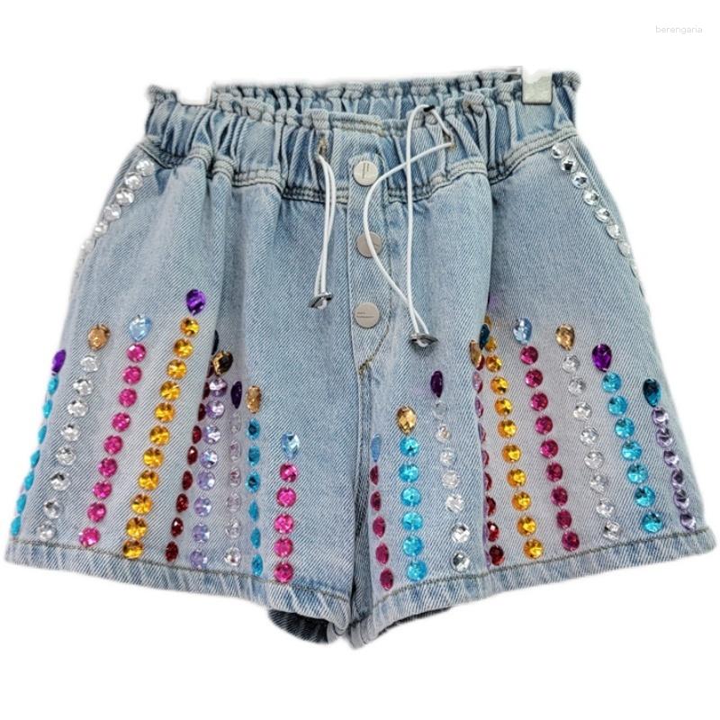

Women's Shorts Women Colorful Diamond High Waist Denim Vintage Drawstring Button Wide Leg Short Pants 2023 Summer Y129, Blue