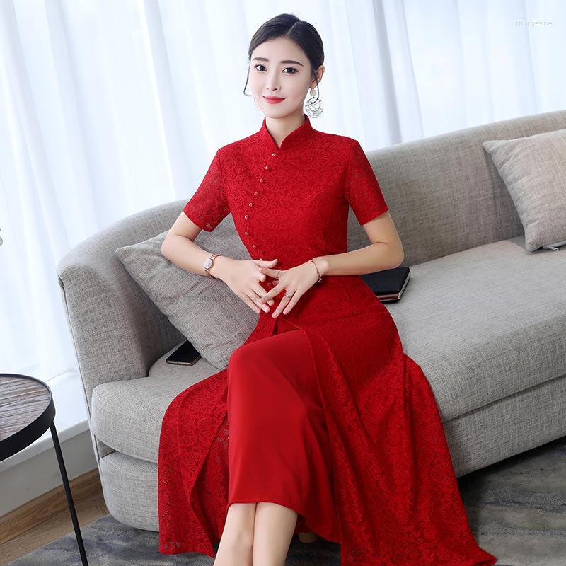 

Ethnic Clothing Spring Lace Silk Improved Modern Long Aodai Red Cheongsam Chinese Style Festive Wedding Dress Women Graceful Plus Size Qipao