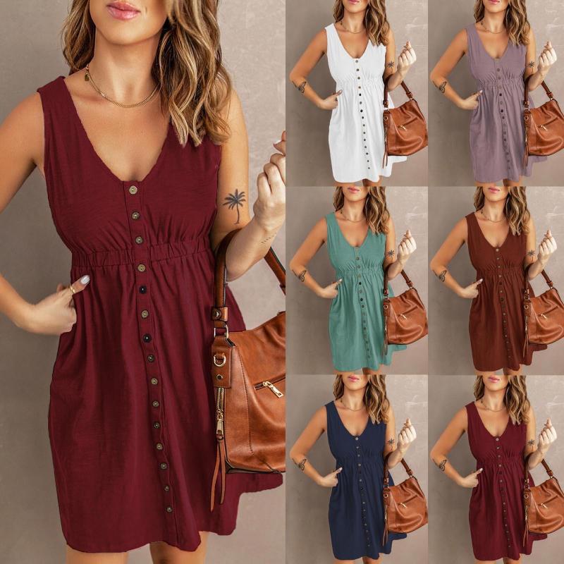 

Casual Dresses Sexy Sleeveless Elastic Waist Mini Dress Summer Button Loose V Nech Beach Holiday Streetwear Cotton Vestidos, A-white