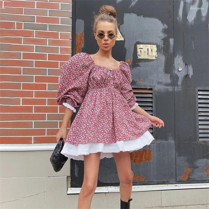 

Ethnic Clothing 2023 African Women's Summer Autumn Printed Dress Fashion Bubble Sleeves Square Neck A-line Short Dresses Fragmented