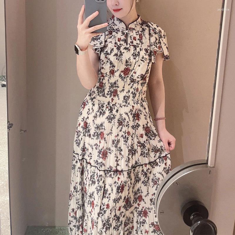 

Casual Dresses Wakuta Flying Sleeves Lace Up High Waist Robe Elegant Strench Craped Slim Fit Vestidos Summer Japan Style Floral Print Dress, Blue