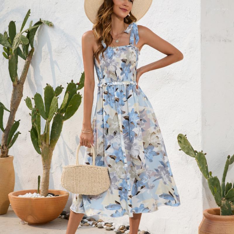 

Casual Dresses Backless Holiday Dress For Women Summer Floral Printed Sundress Off Shoulder Lace Up Beach Style Female Outfits Elegant, Yellow