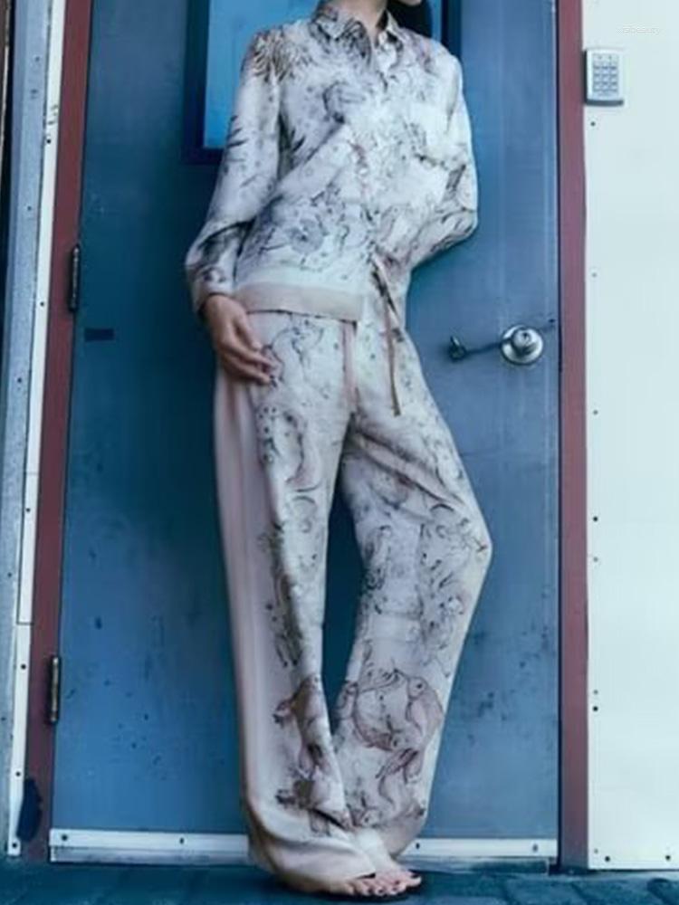 

Women's Two Piece Pants 2023 Women Summer 2 Pieces Sets Fashion Print Blouses Shirts Tops And Trousers Female Satin Casual Elegant Suits