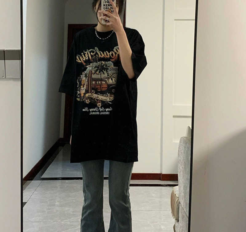 

American Retro Abstract Print Short-sleeved T-shirt Female Age Reduction BF Harajuku Wind National Tide Short-sleeved T-shirt Ins Summer Tops, Black7