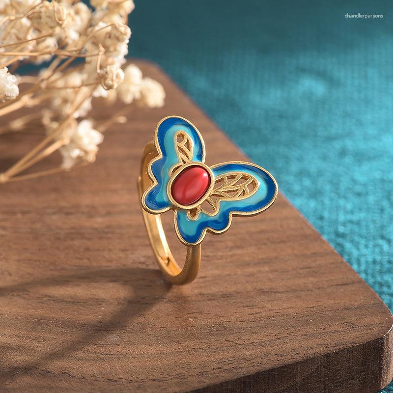 

Cluster Rings Red Jade Butterfly Gift Adjustable Ring Carved Talismans Natural 925 Silver Jewelry Women Vintage Accessories Fashion
