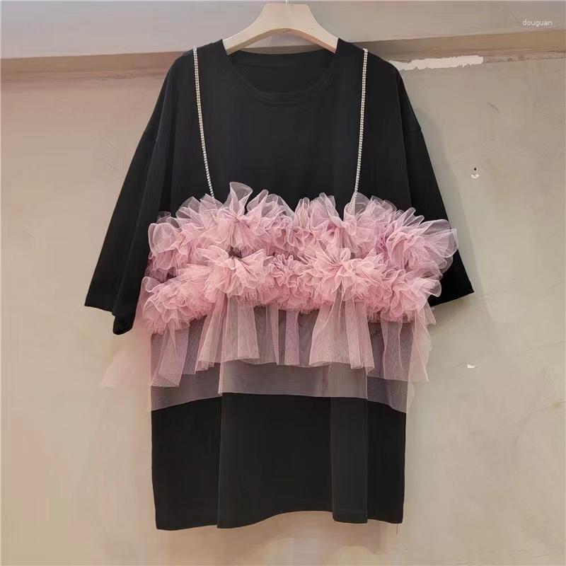 

Women's T Shirts Women's Arrival Short-Sleeved Pullover T-shirt 2023 Summer Ladies Sweet Mesh Patchwork Loose Casual Top Tees Korean, Black