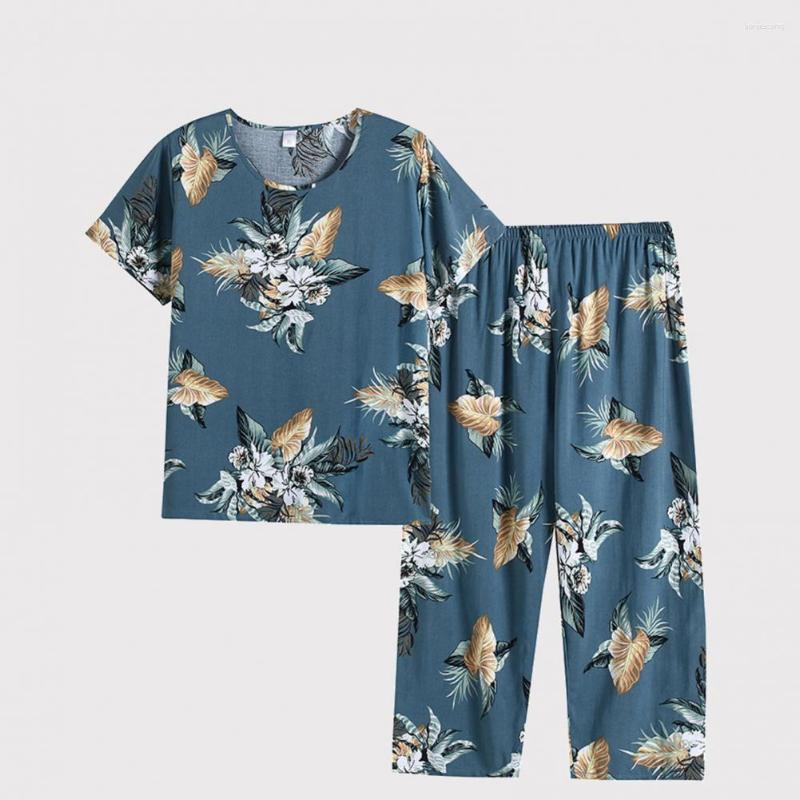 

Women's Sleepwear 2Pcs/Set Summer Pajamas Set O-neck Short Sleeve Elastic Waist Straight Wide Leg Middle-aged Elderly Flower Print, Blue