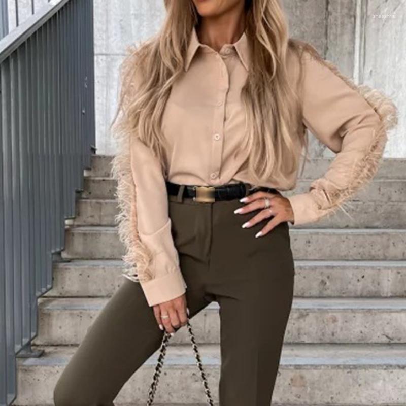 

Women' Blouses Autumn Casual Feather Patchwork Blouse Shirts Women Fashion Turn-down Collar Tops Lady Winter Elegant Long Sleeve Button, 02 black