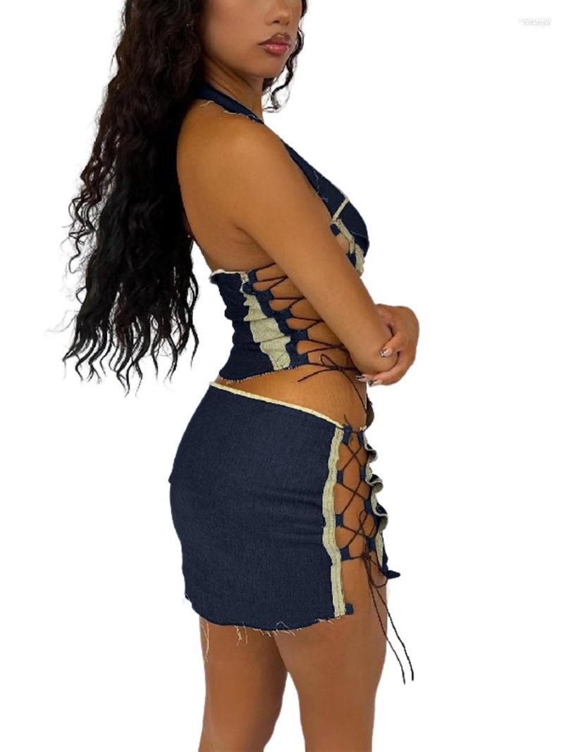 

Two Piece Dress Women  2 Mini Skirts Sets Y2k Fashion Sleeveless Crop Tops Short Skirt Going Out Set Clubwear Streetwear (C Halter, Blue-3