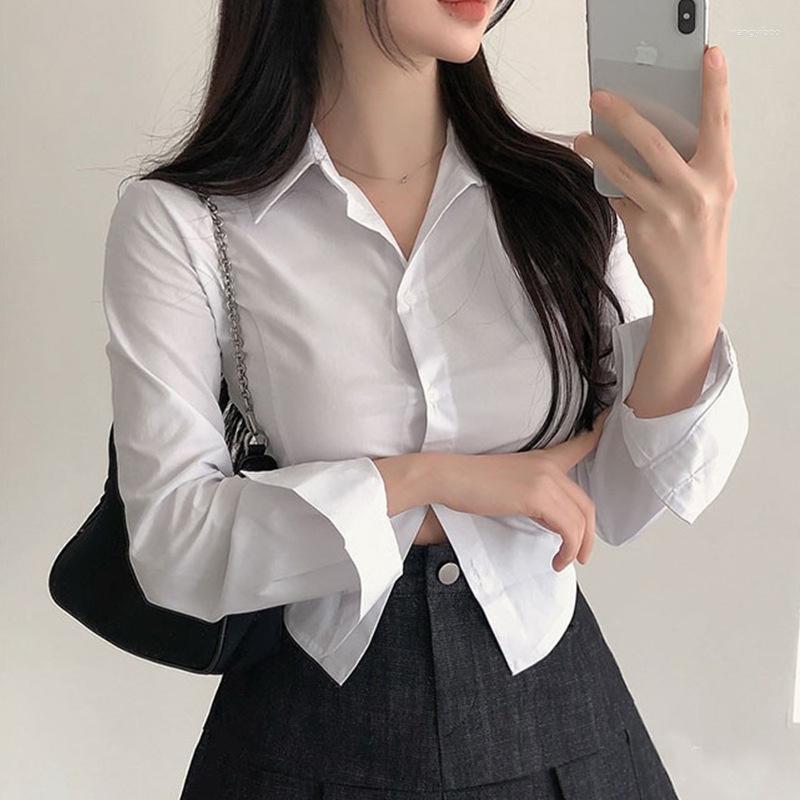 

Women's Blouses Korea Sexy Polo Collar Single Breasted Slim Long Sleeve Shirt Top Women's Korean Women Tops Blouse M682, White