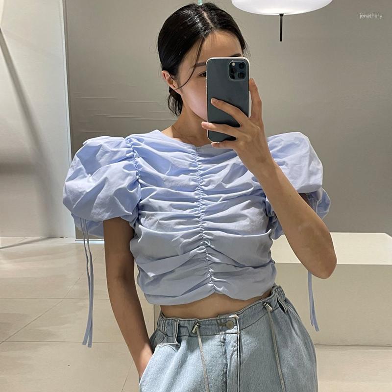

Women's Blouses Blusas Mujer De Moda 2023 Elegantes Pleated Design Niche Lace Up Bubble Sleeve Short Shirt Top Casual Blouse Drawstring, Blue