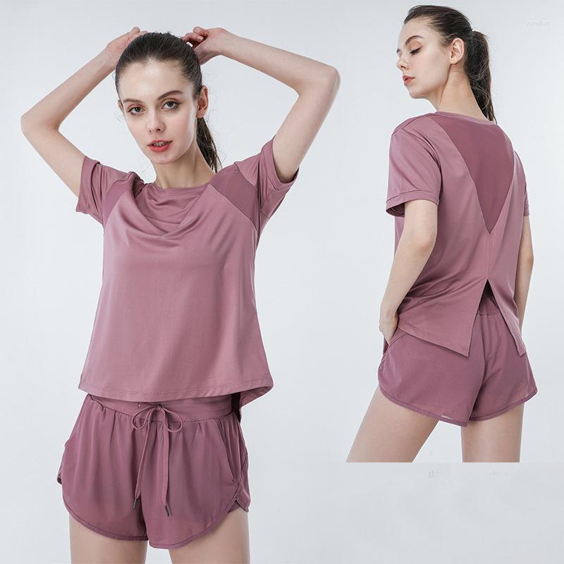 

Running Sets 2pcs/set Mesh Breathable Sportswear Suit Women's Short Sleeve Shorts Yoga Fitness Quick Drying, Black
