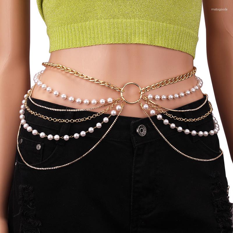 

Belts Y2K Multilayer Pearl Waist Chain For Women's Fashion Retro Chains Body Jewelry Accessories Sexy Party Accessorie Gift, Gold
