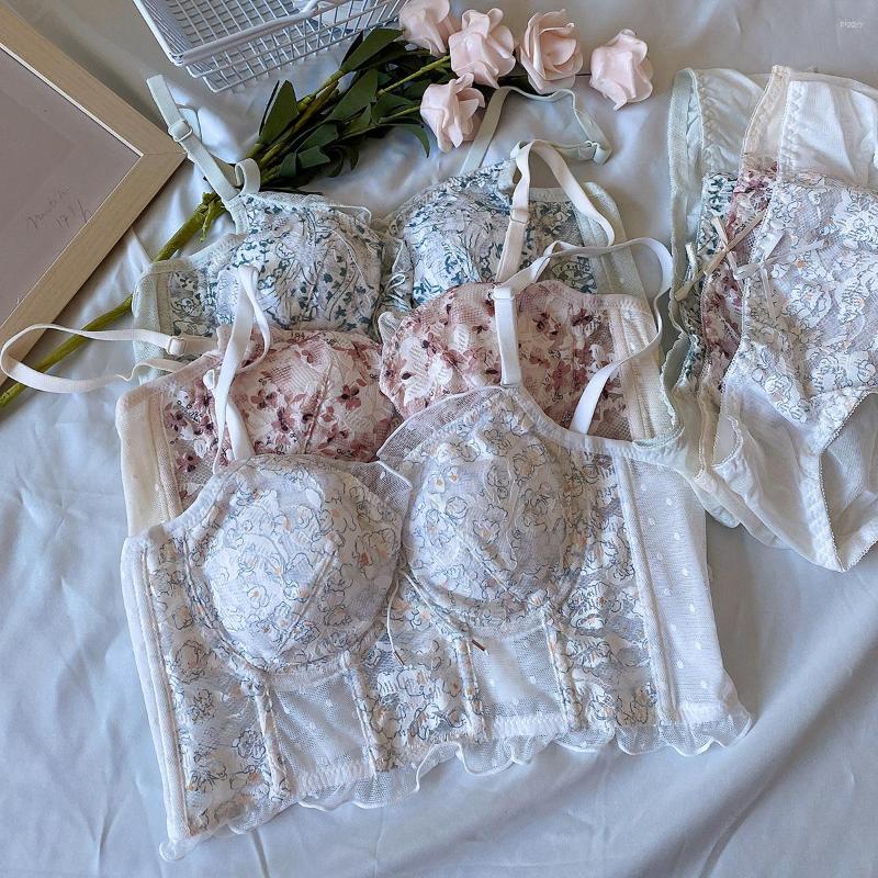 

Bras Sets Lace Big Breasts Show Small Underwear Women's Thin Soft Steel Ring Lingerie Micro-gathering And Anti-sagging Adjustment Bra, As picture show