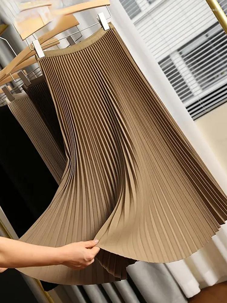 

Skirts Long Pleated For Women 2023 Spring Fall Chic Elastic Band Fashion A Line Elegant Office Ladies Luxury Midi Skirt, Beige
