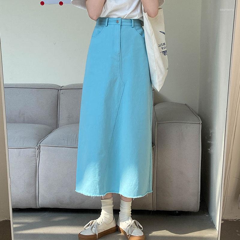 

Skirts 2023 Women Summer Beige Long Denim Skirt Elastic High Waist A-line Zipper Casual Jeans Cotton Midi Jupes
