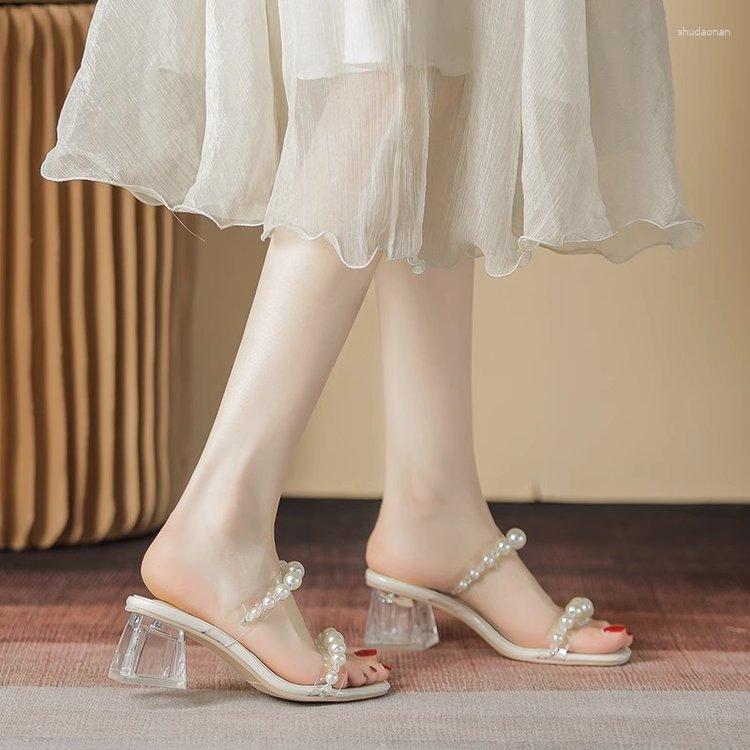 

Slippers Shoes Women Summer Luxury Slides Transparent Heel Med Heeled Mules String Bead Designer High Thin Rubber PU Chain Squar