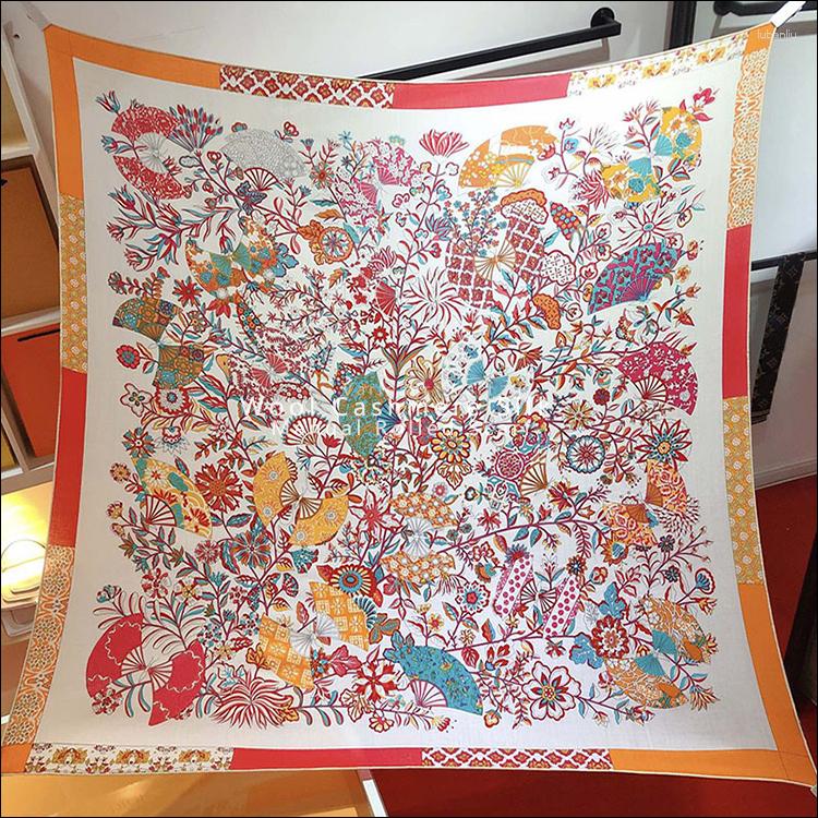 

Scarves Flowe Print Giant Silk Wool Scarf Hem Roller Square Scarfs Big For Women 140cm Stole Shawls Poncho Pashmina