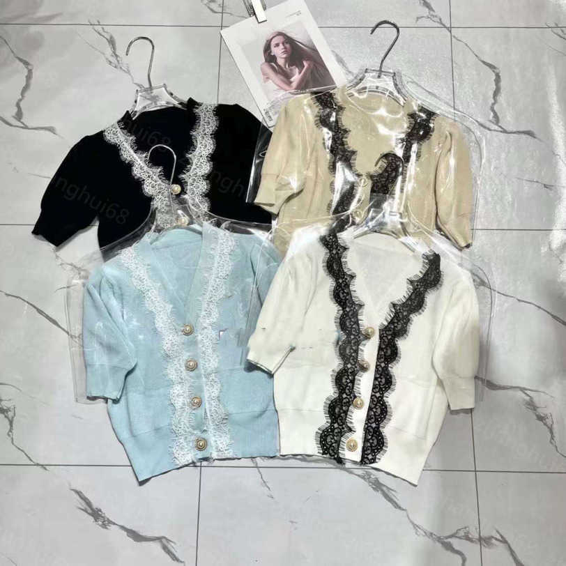 

23ss Womens Knits womens designer clothing Solid color Lace edge knit short-sleeved cardigan tops High quality womens clothes a1