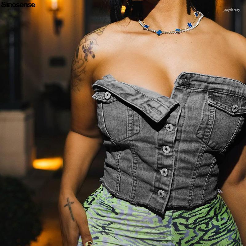 

Women's Tanks Women Strapless Denim Crop Top Button Up Pocket Front Summer Push Bustier Tube Y2K Streetwear Club Party Camis Tops, Denim crop top 01