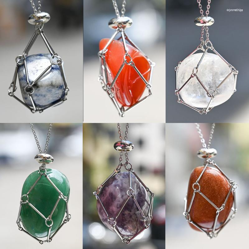 

Chains 2023 Natural Crystal Original Stone Bamboo Metal Mesh Bag Necklace For Women Men Colorful Adjustable Gift