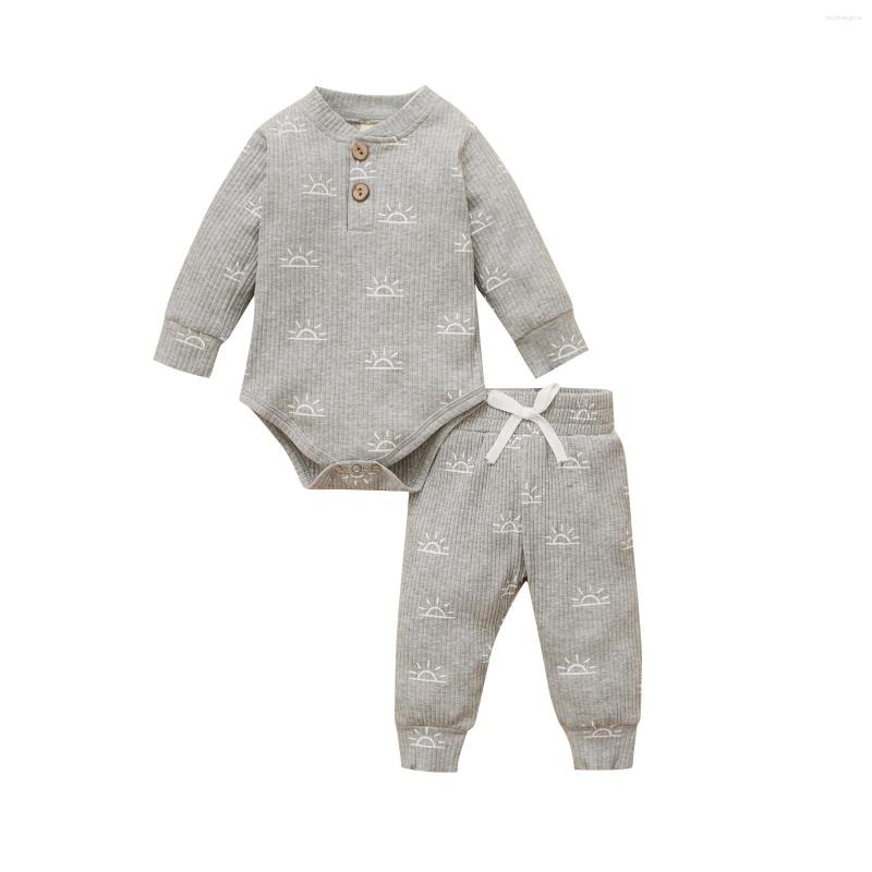 

Clothing Sets Clothes For Borns Autumn Baby Sun Print Henley Neck Long Sleeve Romper Casual Cotton Boys Girls Set, Gray