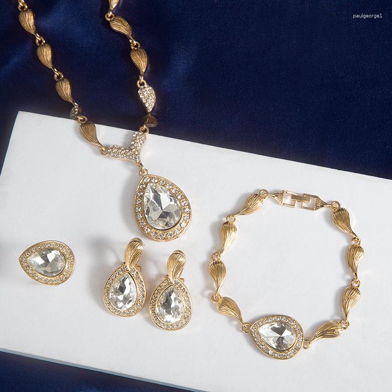 

Necklace Earrings Set YYSUNNY Gold Plated Water Drop Jewelry White Cubic Zirconia CZ Bracelet Ring For Women Wedding Party, Picture shown