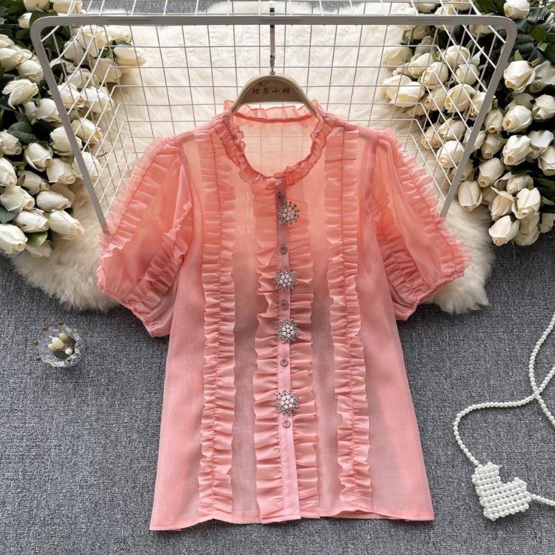 

Women's Blouses Chiffon Shirt Women's Summer Sweet Folds Ruffles Puff Short Sleeve Tops Ladies Beading Single-Breasted Loose Black White, Green