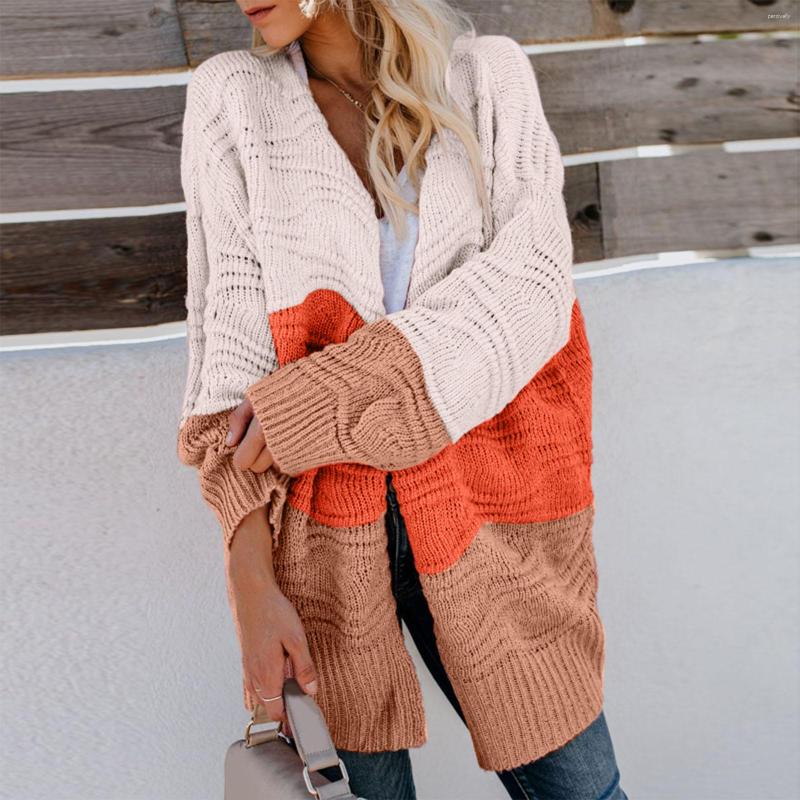 

Women' Knits Autumn Winter Cardigan Women Colorblock Knitted Crochet Loose Full Sleeve Female Sweater Casual Chunky Lady Long Cardigans, Pink