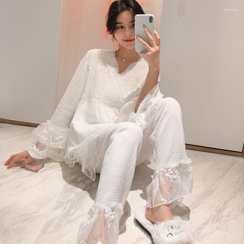 

Women's Sleepwear Korean Version Of Bubble Cotton Gauze Ladies' Court Pajamas Set 2PCS Lovely Lace Pijamas Suit Nightwear Homewear, Short white