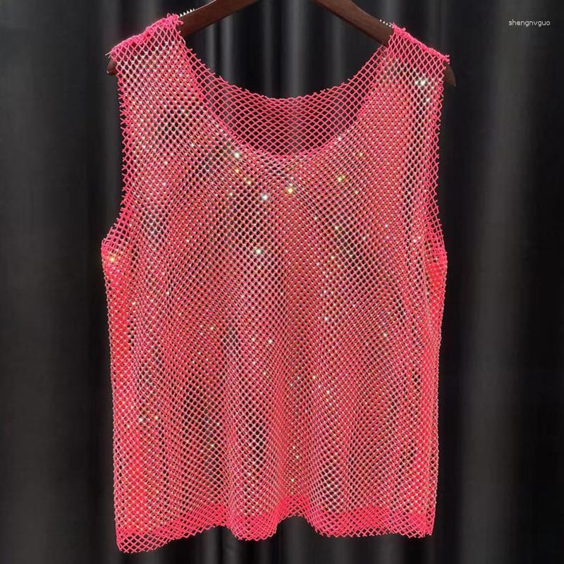 

Women's Tanks Summer Fashion Tank Top Crystal Beading Shiny Party Club Sexy Hollow Diamonds Stamping Camis Winky Sleeveless Vest, Black