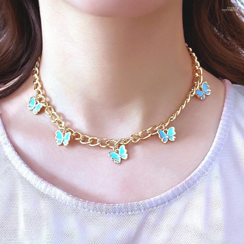 

Chains Korean Cute Butterfly Necklace For Women Gold Color Chain 5 Pendant Statement Fashion Choker Jewelry Gifts