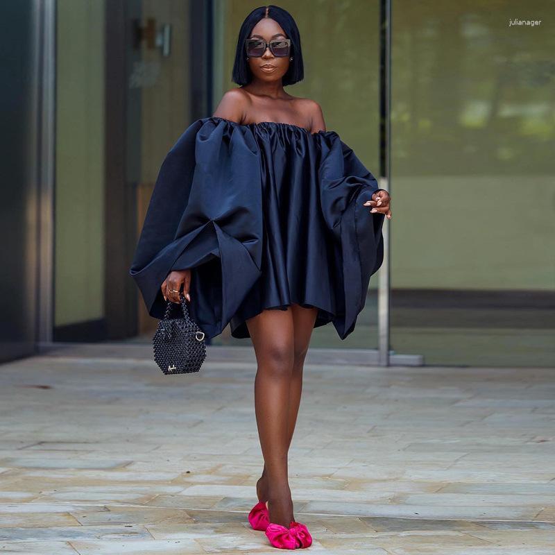 

Casual Dresses Retro Hong Kong Style Socialite Spring And Summer Women's Off-Shoulder Girl's Dress Solid Color Lantern Sexy, Black