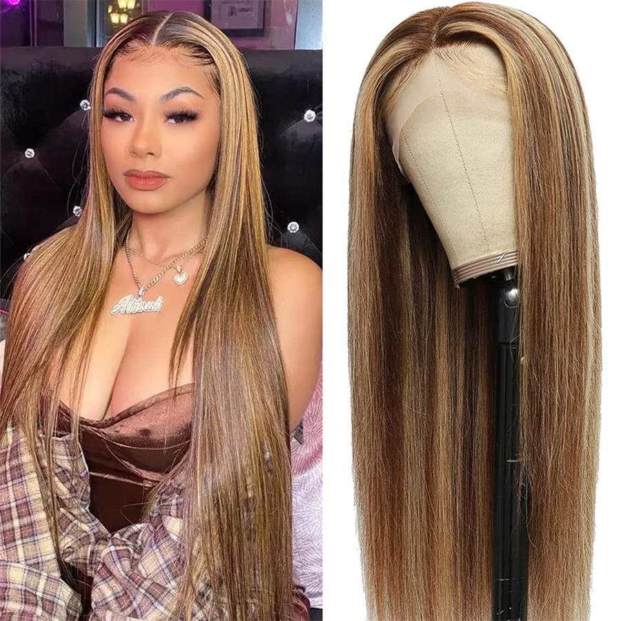 

New Design Straight 13x4 Highlight Wig Human Hair HD Transparent Lace Wigs Honey Blonde Bone Straight Lace Front Human Hair Wigs for Women, Brown