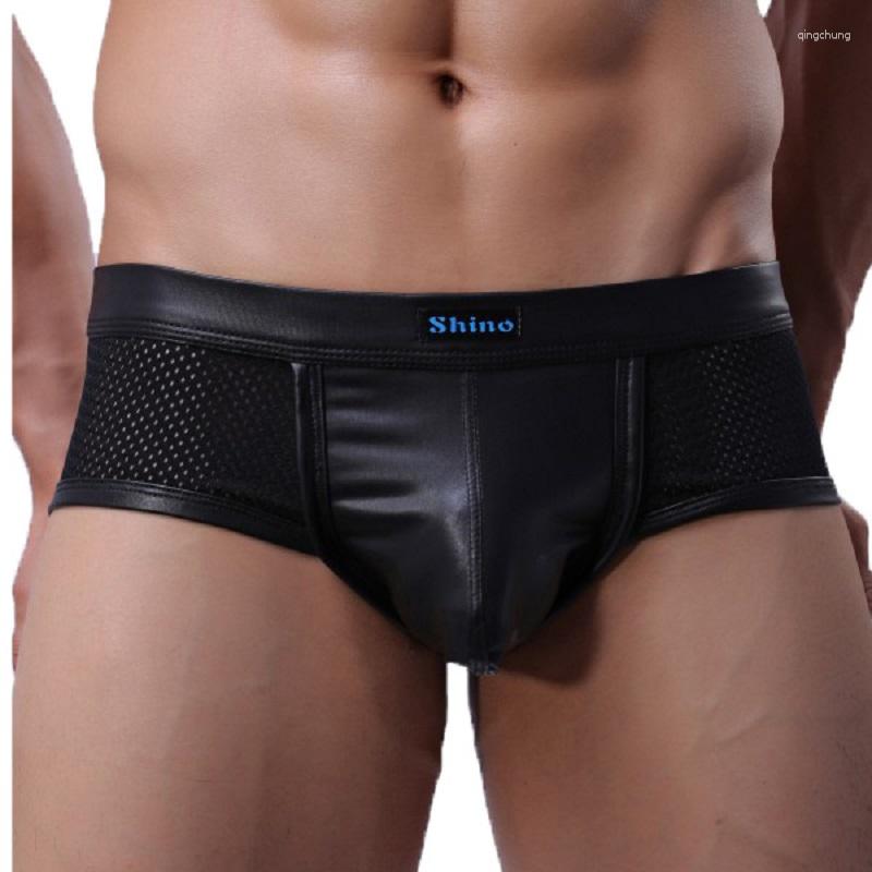 

Underpants PU Faux Leather Men' Mesh Small Boxer Shorts Fine Workmanship Fighter Low Waist U Convex Pouch Gay Couple Underwear, Black