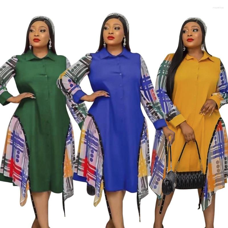 

Ethnic Clothing Blue Green Yellow African Dresses For Women Summer Sexy Long Sleeve Printing Polyester Knee-length Dress L-2XL
