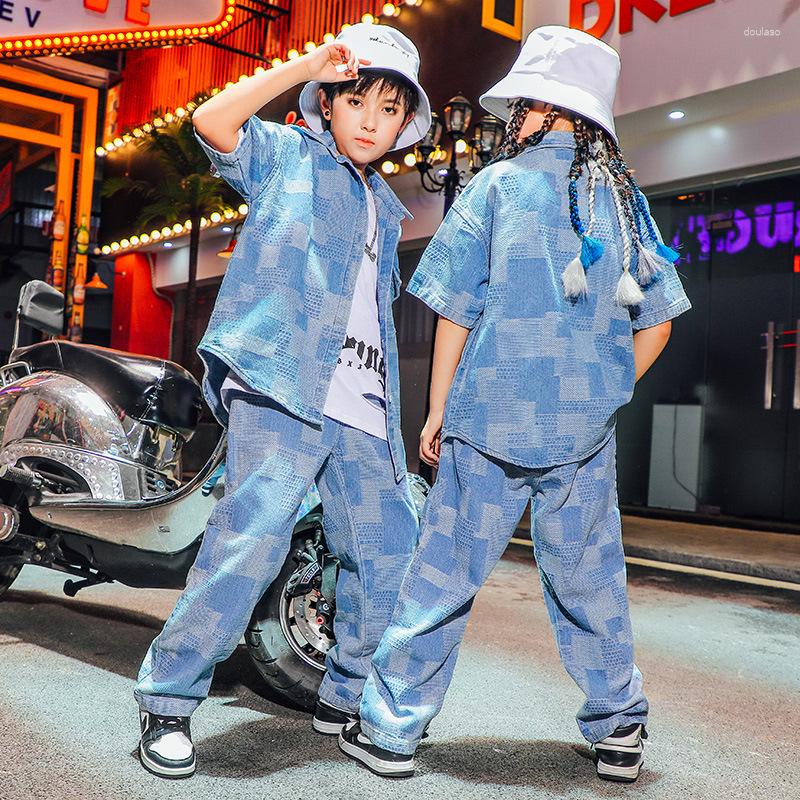 

Stage Wear Kid Hip Hop Clothing Checkered Denim Shirt Short Sleeve Top Streetwear Jeans Baggy Pants For Girl Boy Jazz Dance Costume Clothes, Denim shirt pants