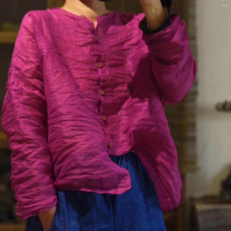 

Women's Blouses Women Batwing Vintage Ramie Shirts And Tops Solid Color O-Neck Long Sleeve Spring Summer 2023 Button Loose, Red