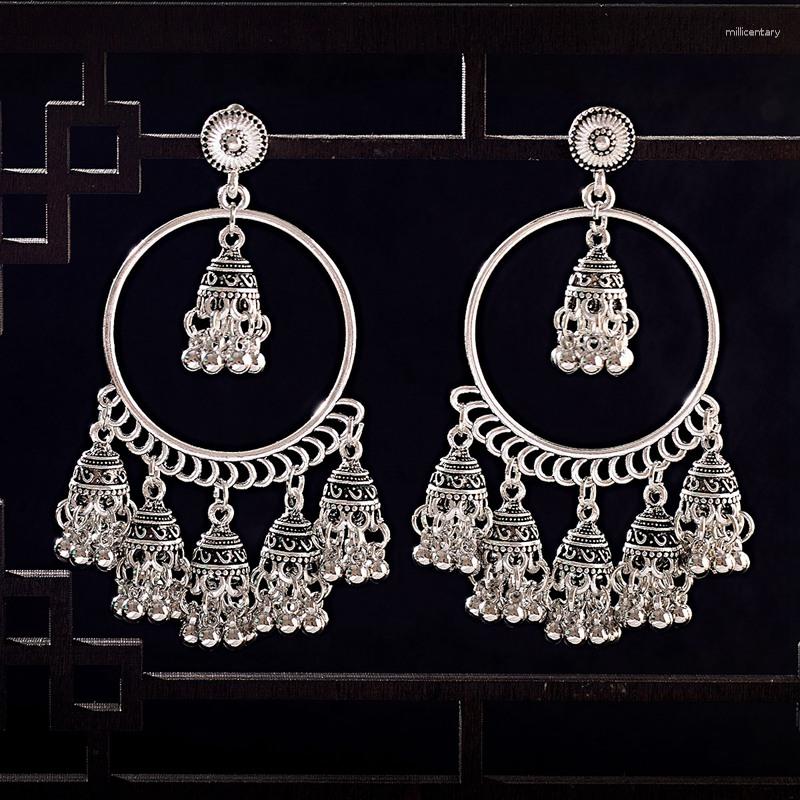 

Dangle Earrings Vintage Ethnic Women's Silver Color Gypsy Round Boho Jewelry Ladies Retro Bell Tassel Jhumka 2023