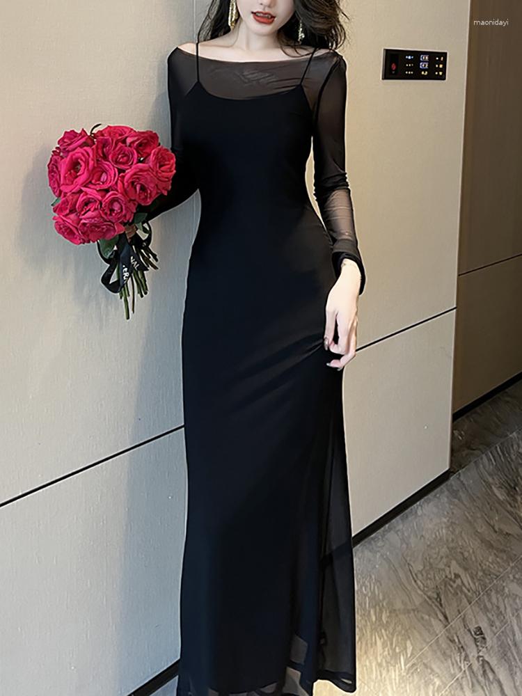 

Casual Dresses French Sexy See-through Mesh One-neck Slim-fit Long Skirt Elastic Two-piece Dress Party Y2k Clothes Evening Women, Black
