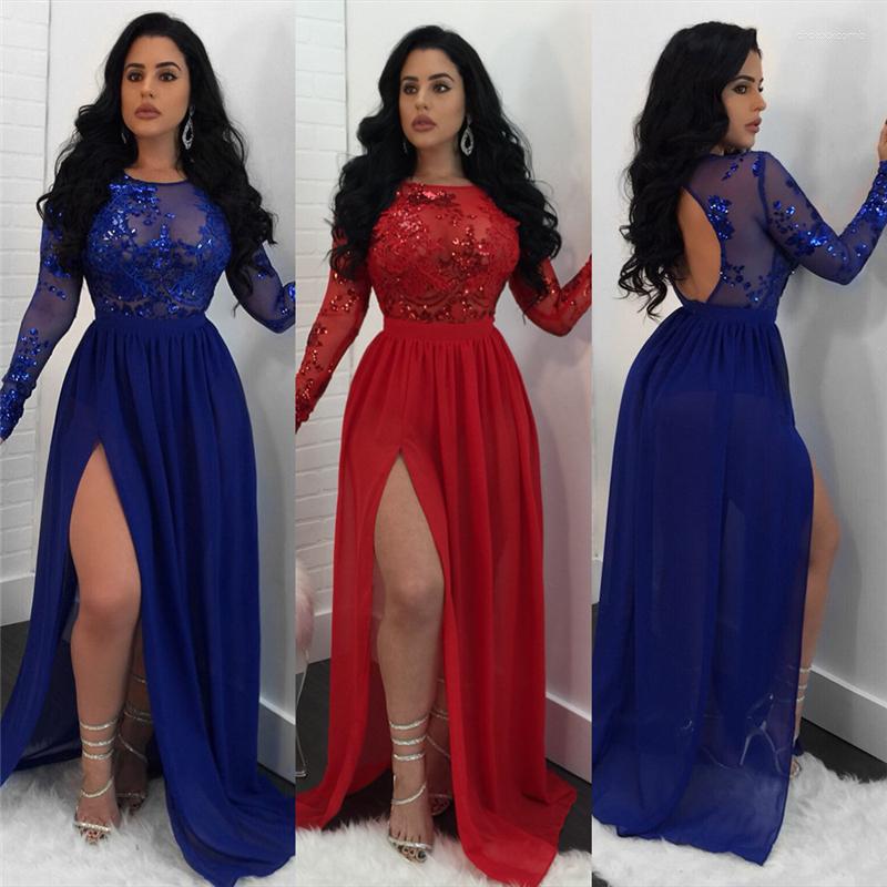 

Casual Dresses Sexy Open Back See Through Sequins Night Club Dress O Neck Long Sleeve High Slit Maxi Evening Party